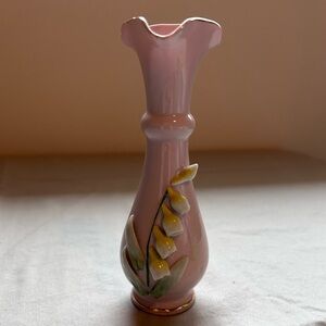 Ucagco: vintage pink vase w/floral design.